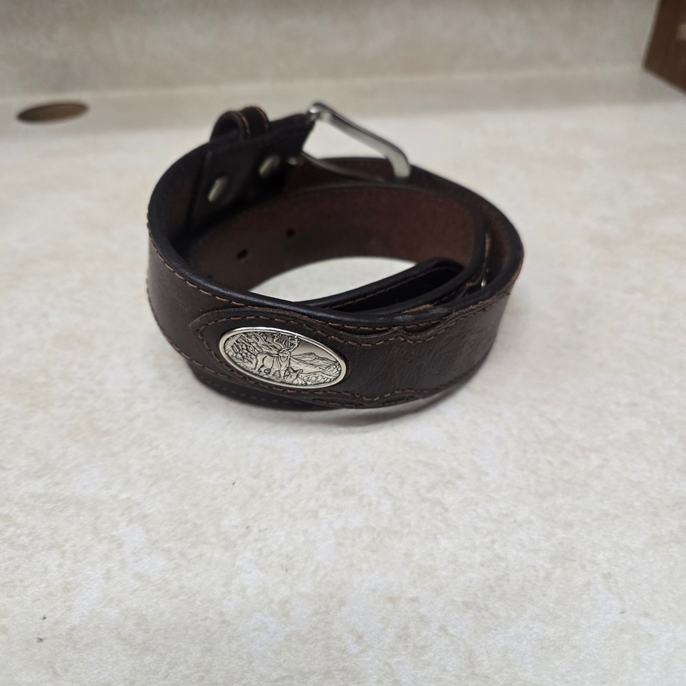 Realtree Mens Brown Leather Belt Silver Buck Deer Concho Western Size 34